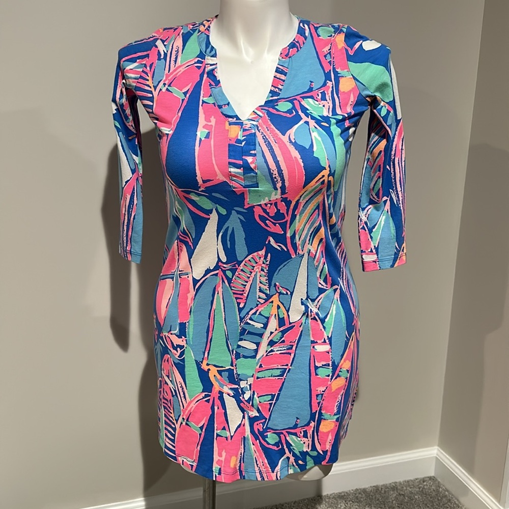 Lilly Pulitzer‎ Ali Dress Bay Blue Out to Sea 3/4 sleeve v neck dress size xxs